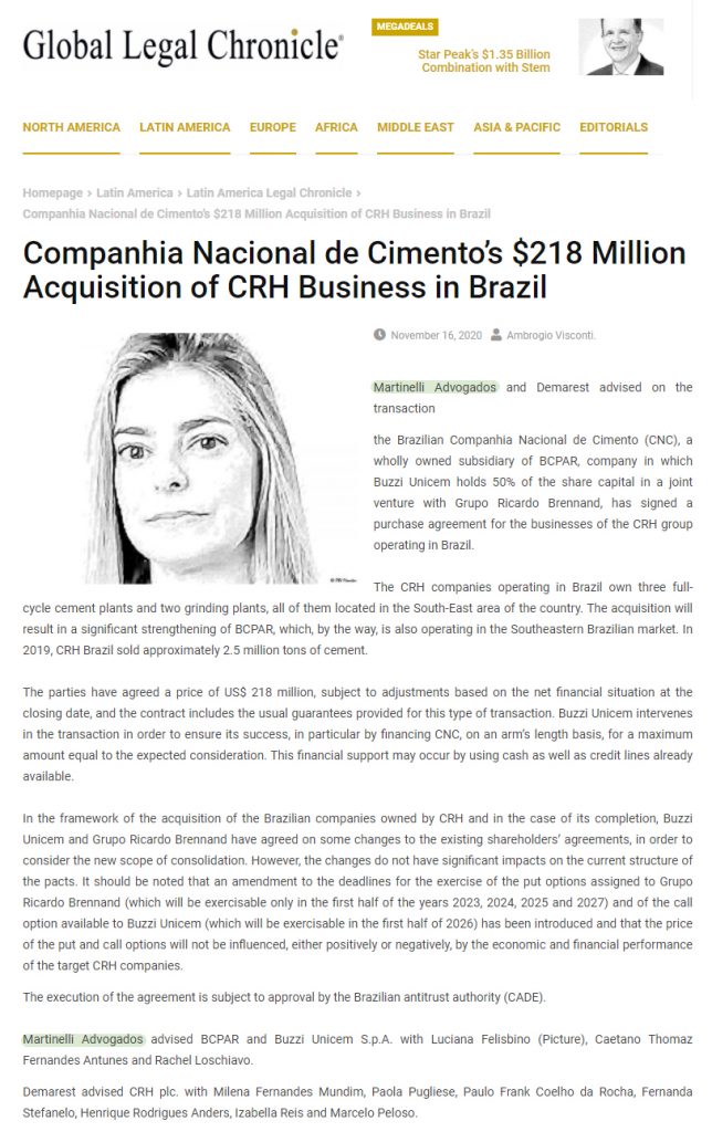 Companhia nacional de cimento’s $218 million acquisition of crh business in brazil